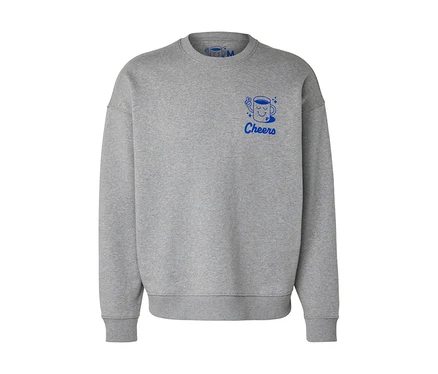 Sivá mikina Unisex Coffee Crew s modrou potlačou šálky kávy a nápisom Cheers.