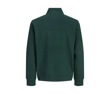 Zadný pohľad na tmavozelený pulóver Jack&Jones Troyer Soho so štvrtinovým zipsom.