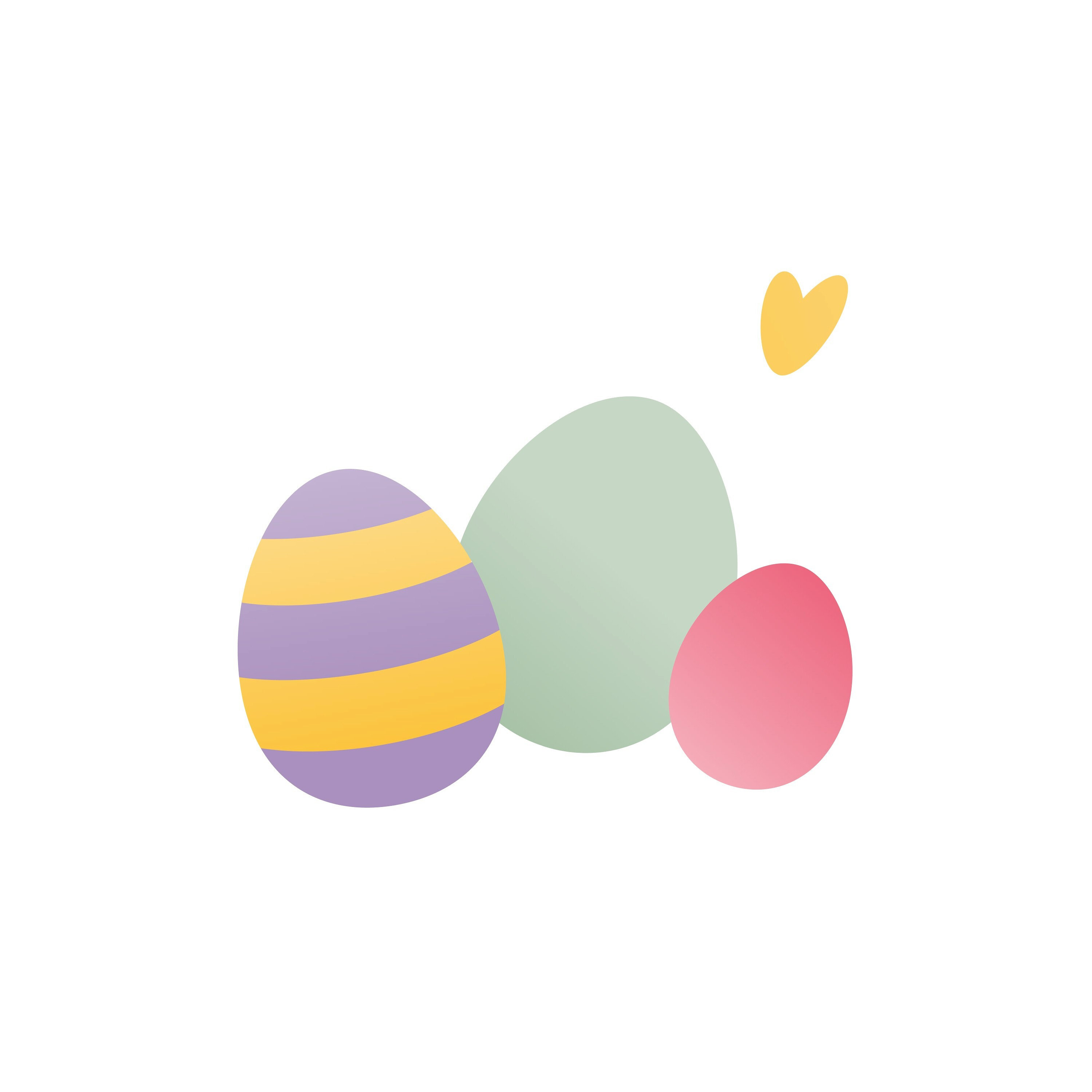 Tri veľkonočné vajíčka a žlté srdce na bielom pozadí.