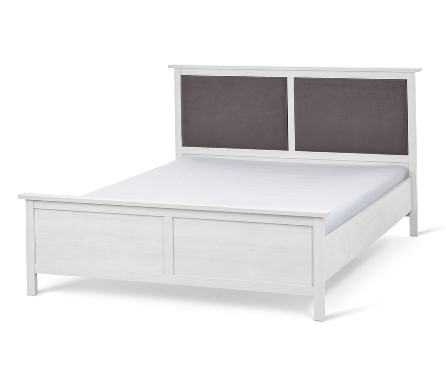 Biela posteľ s čalúneným čelom s dvoma sivými obdĺžnikmi, cca 180 x 200 cm.