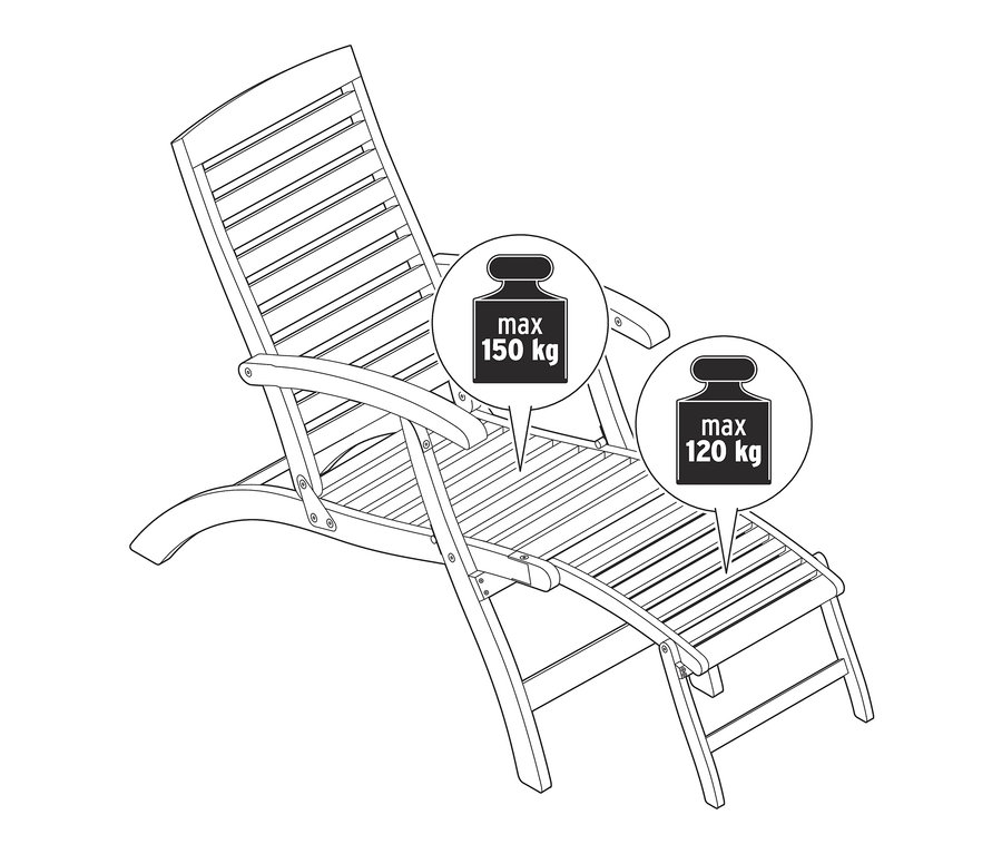 Nákres prírodného a sivého ležadla »Lenja« a záhradného ležadla s mäkkou poduškou s maximálnou nosnosťou 150 kg a 120 kg.