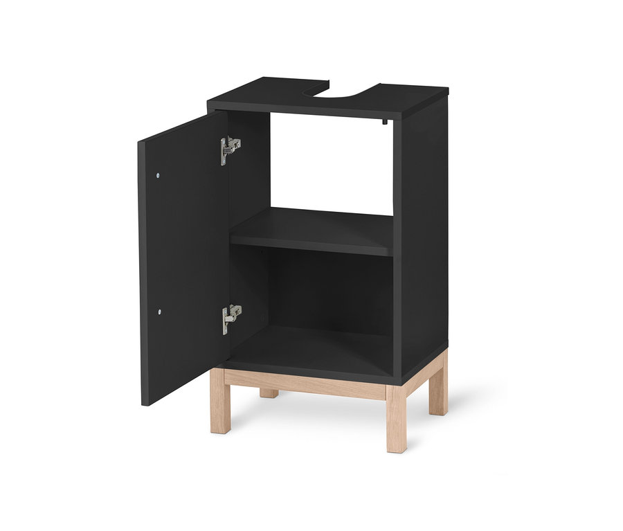 Antracitová malá skrinka pod umývadlo Eklund s otvorenými dvierkami.