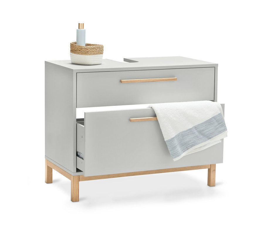 Svetlosivá skrinka pod umývadlo »Eklund« s 2 zásuvkami, pričom jedna zásuvka je otvorená a je na nej uterák.