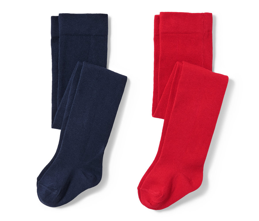 Dvoje detské pančuchy: jedny tmavomodré a druhé červené.