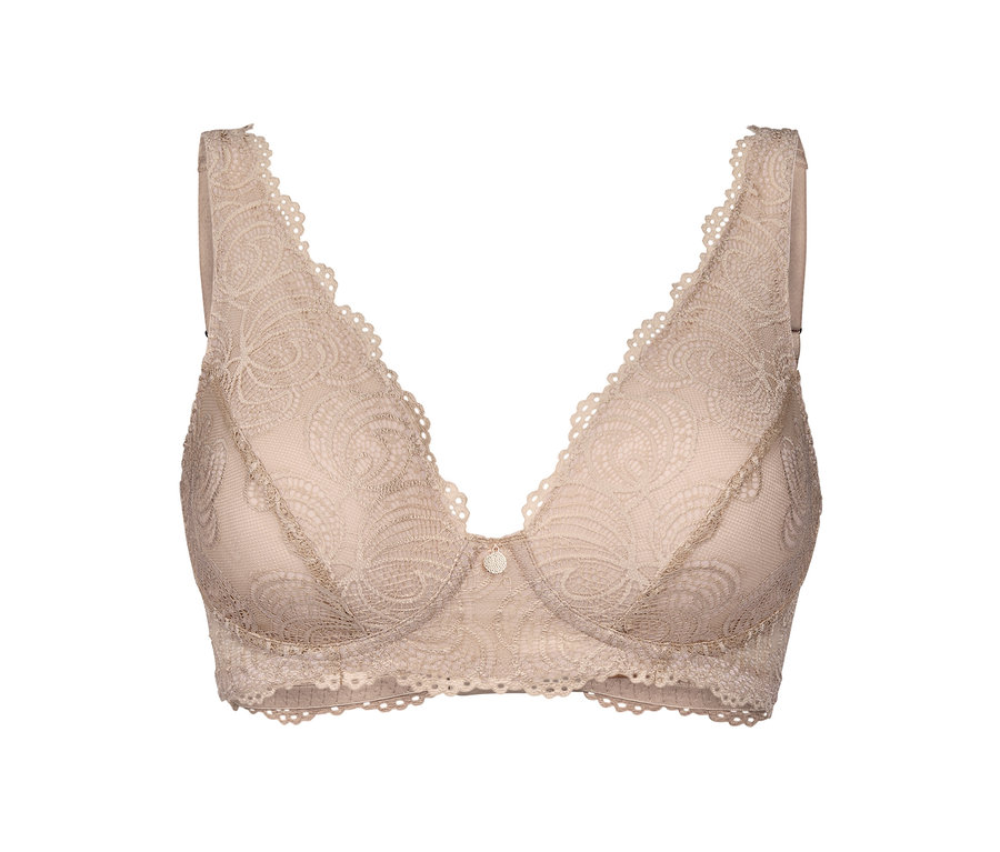 Čipkovaná podprsenka béžovej farby na bielom pozadí.