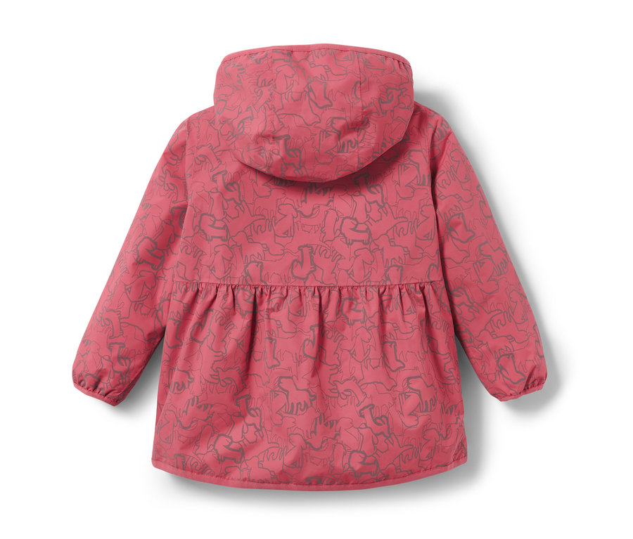Ružová detská termobunda do dažďa s reflexnými prvkami, zadný pohľad.
