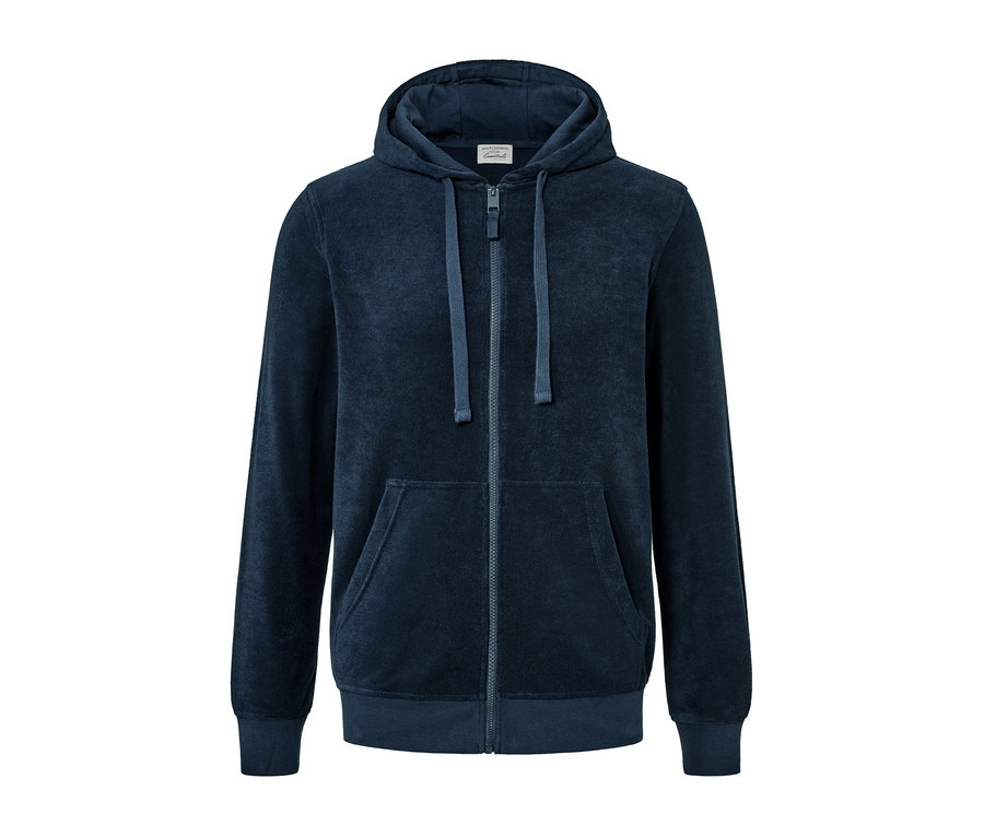 Modrá froté bunda s kapucňou na zips s vreckami.