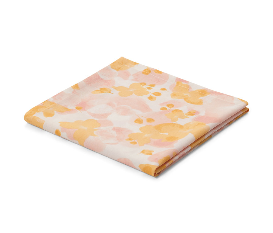 Zložený stredový obrus na záhradný stôl so vzorom kvetov, cca 90 x 90 cm.