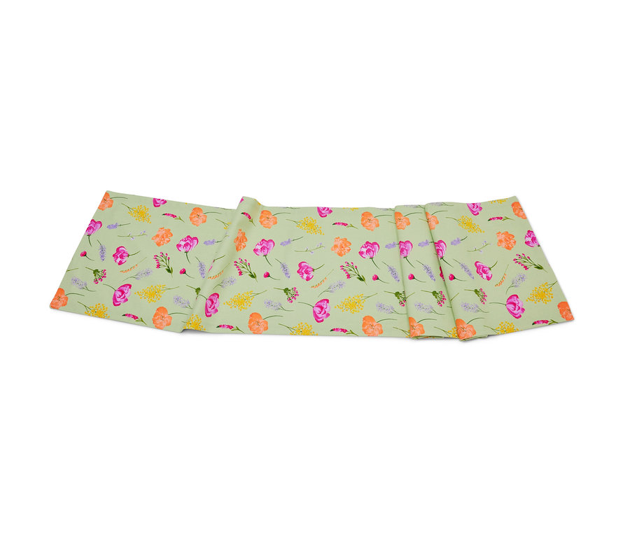 Šalviový behúň na stôl s kvetinovou potlačou.