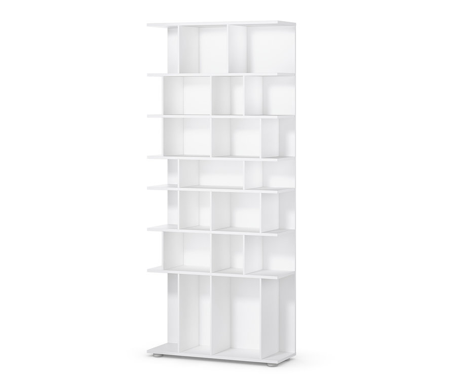 Biely regál, šírka cca 80 cm, s rôzne veľkými priehradkami.