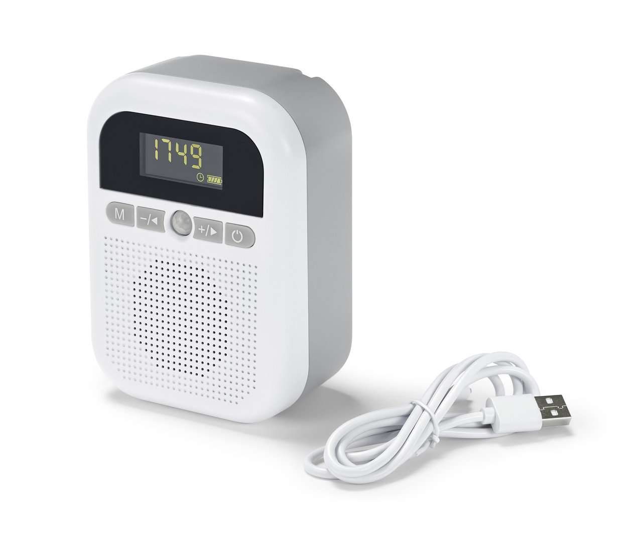 Sivé rádio do kúpeľne s bielym predným panelom a USB káblom.