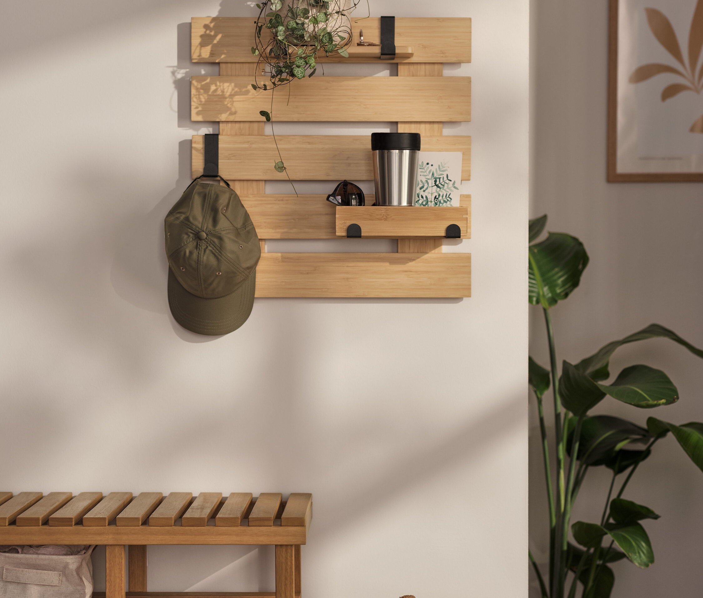 Na stene visí nástenná polica s flexibilnými háčikmi a dnom. Na nej je rastlina, termoska a karta. Na jednom z háčikov visí šiltovka.