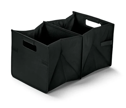 Čierny skladací box do auta s tromi priehradkami a úchytmi.