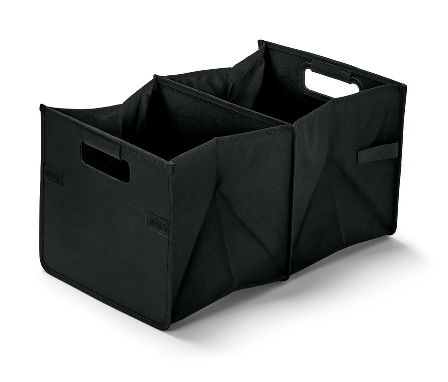 Čierny skladací box do auta s tromi priehradkami a úchytmi.