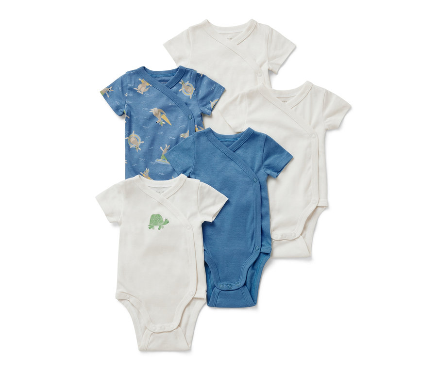 Päť detských body s krátkymi rukávmi v bielej, modrej farbe a s potlačou korytnačiek a kengúr.