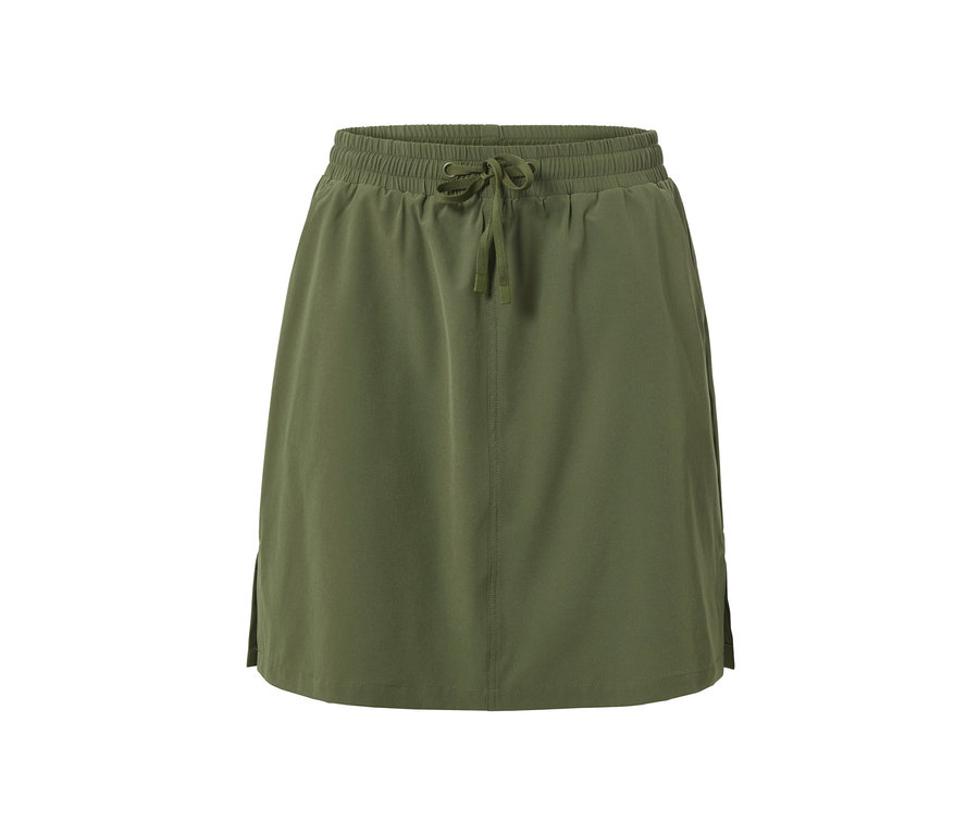 Olivovozelená funkčná sukňa so šortkami na bielom pozadí.