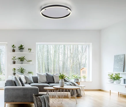 Obývacia izba so sivou sedačkou a LED stropným svietidlom JUST LIGHT . LED Deckenleuchte »Ritus«.