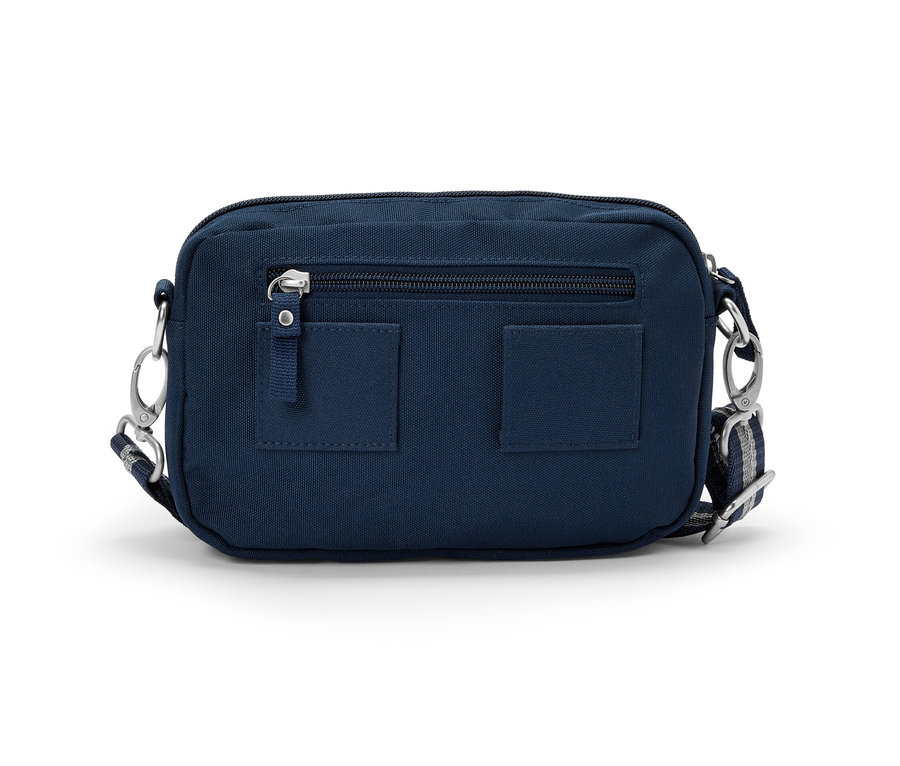 Modrá bezpečnostná taška na rameno a ľadvinka.