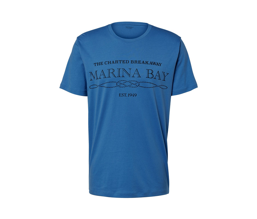 Modré tričko s nápisom MARINA BAY.