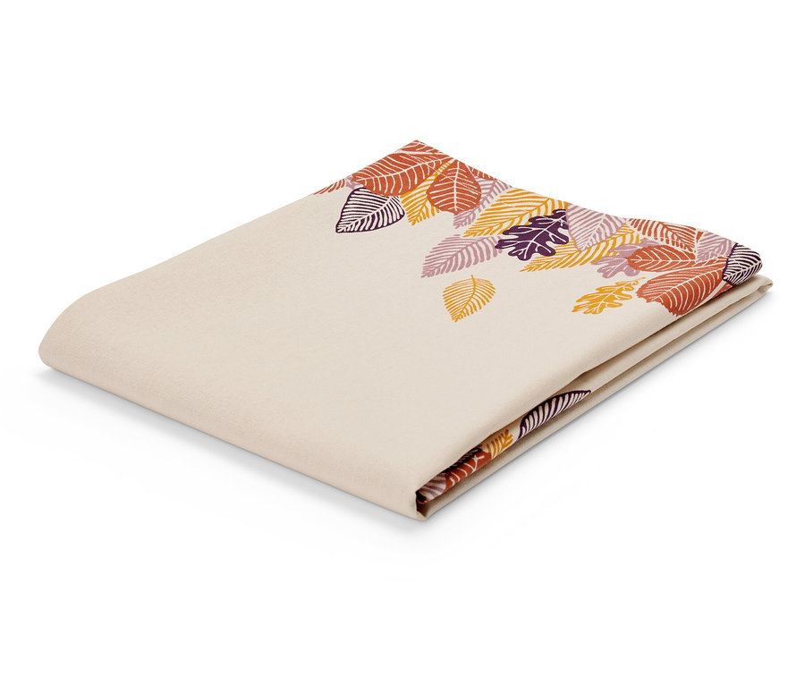 Zložená béžová látka s potlačou listov v odtieňoch oranžovej, fialovej a žltej.