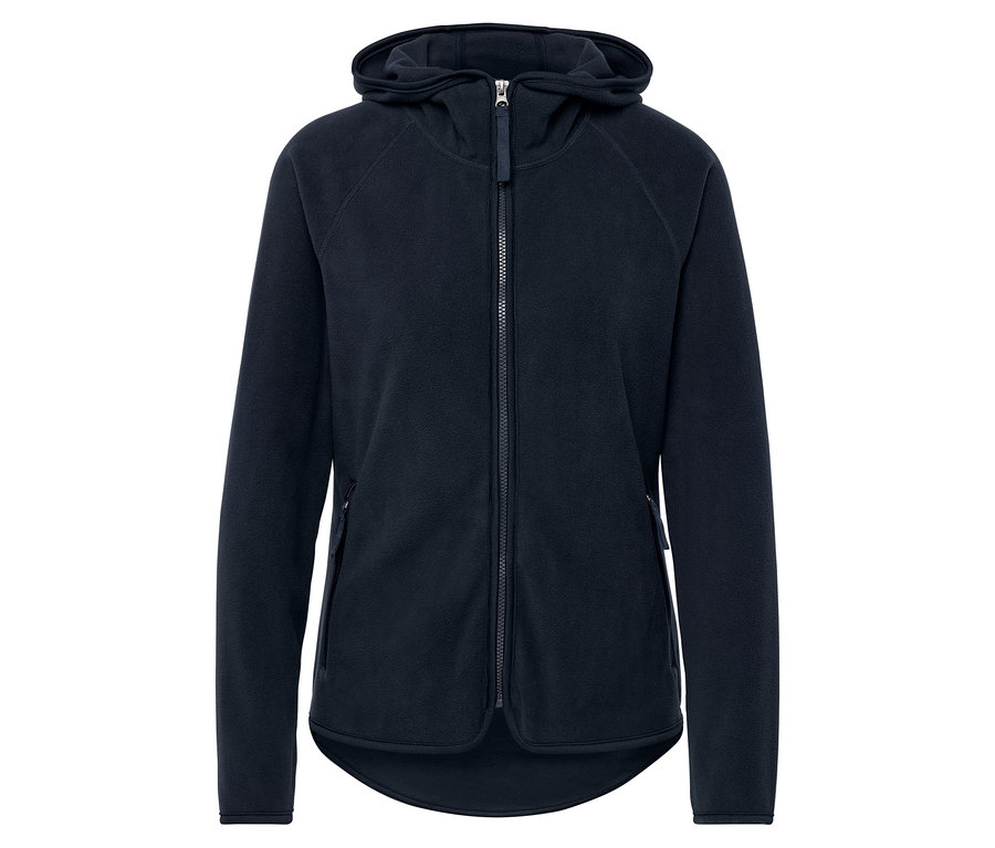 Tmavo modrá flísová bunda s kapucňou a zipsom.