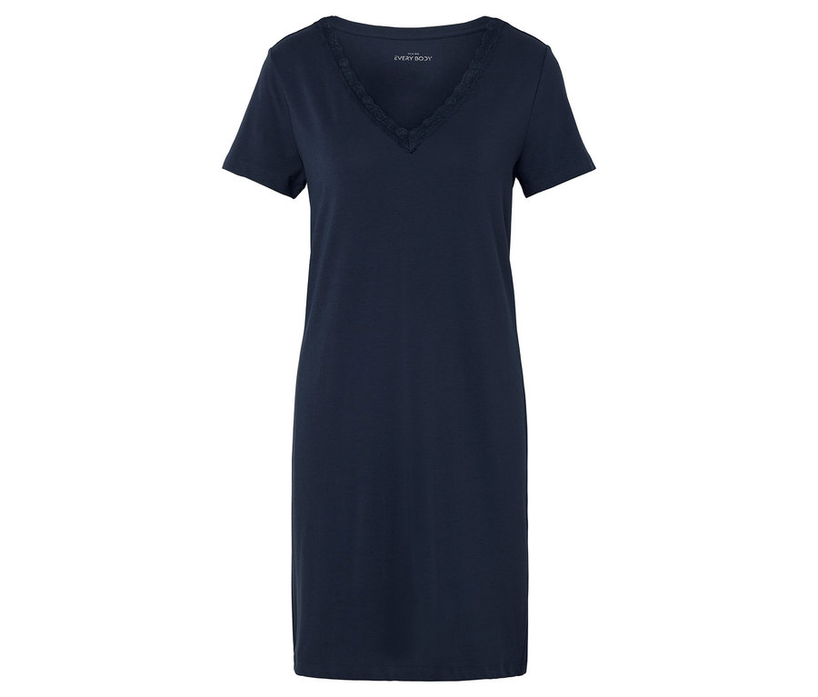 Tmavomodrá nočná košeľa s véčkovým výstrihom a krátkymi rukávmi, zdobená čipkou.