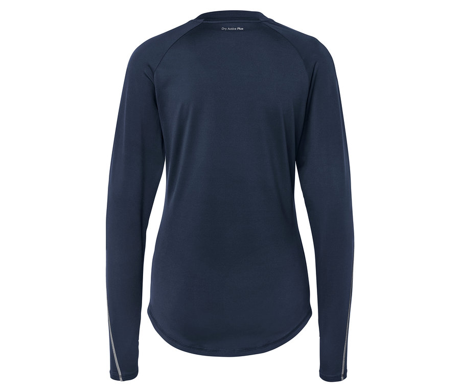 Tmavomodré tričko s dlhým rukávom, pohľad zozadu.