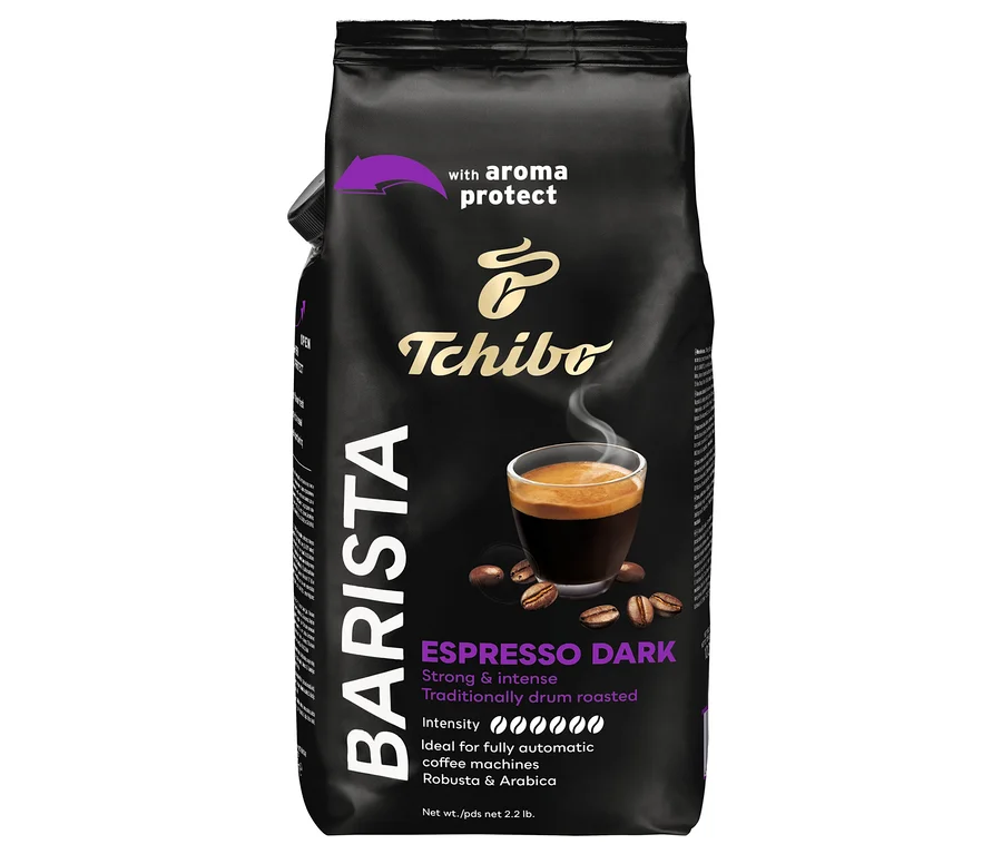 Čierne balenie kávy BARISTA Espresso Dark s obrázkom šálky espressa.