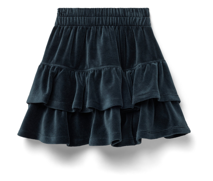 Tmavomodrá zamatová sukňa s dvoma volánmi a elastickým pásom.