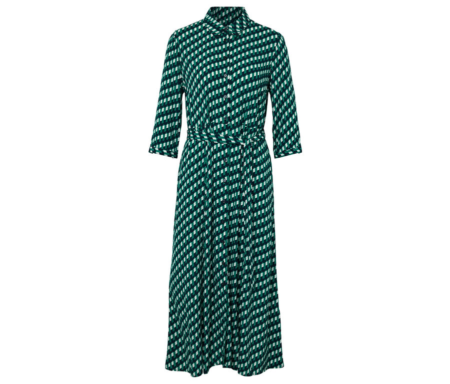 Zelené a biele vzorované šaty s opaskom.