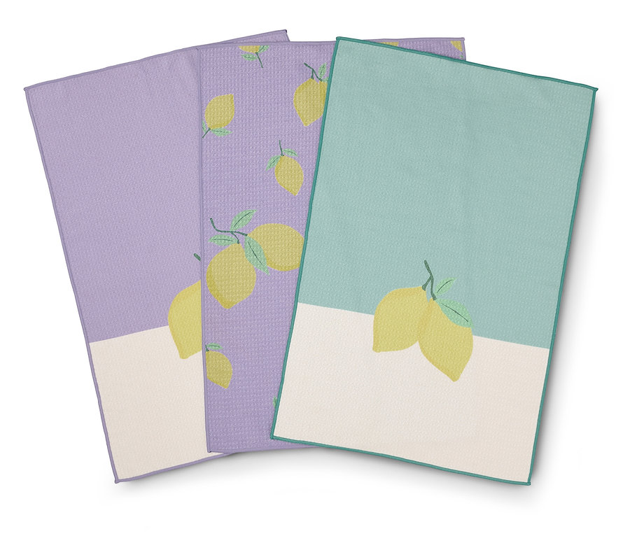 Tri utierky s motívom citrónov vo farbách levandule, fialovej a tyrkysovej.