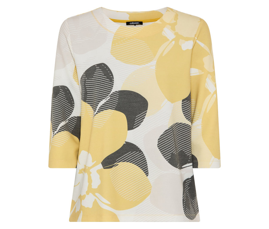 Košeľa s dlhým rukávom so žltými a sivými kvetinovými vzormi.