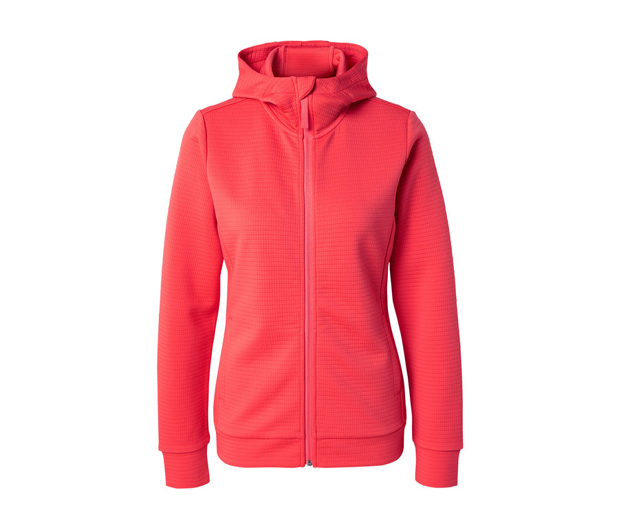 Červená bunda s kapucňou na zips.