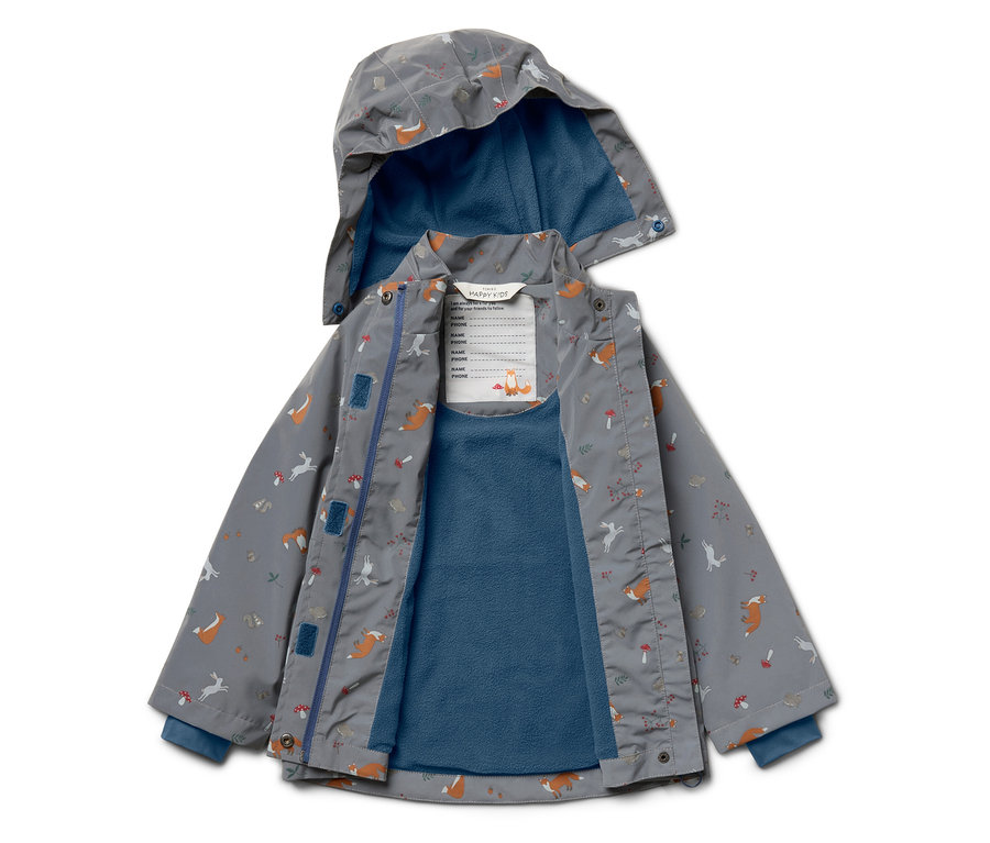 Sivá detská bunda s kapucňou s potlačou líšok, húb a zajacov a modrou fleecovou podšívkou.