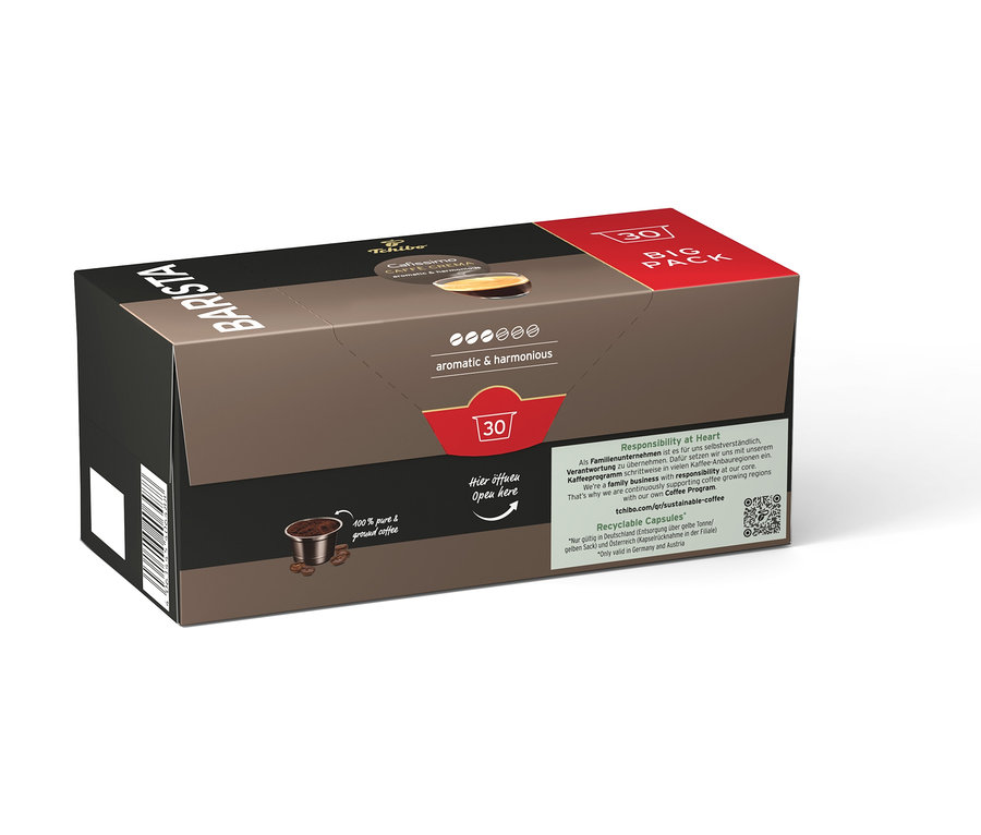 Je vidieť hnedé balenie kávových kapsúl Tchibo Barista, veľké balenie s 30 kapsulami.