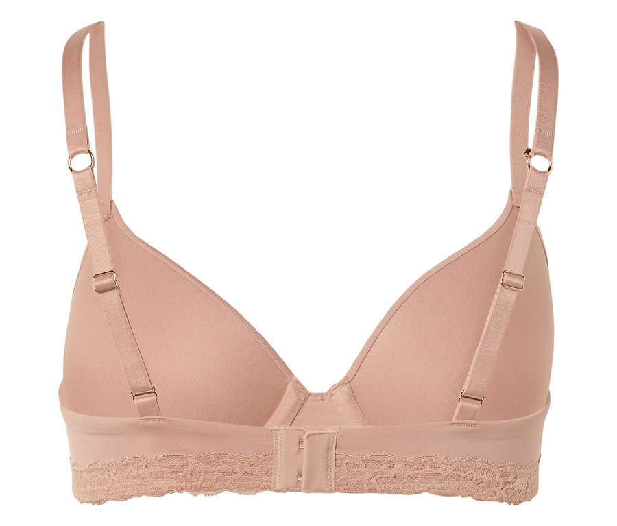 Pohľad zozadu na béžovú podprsenku s nastaviteľnými ramienkami a čipkovaným lemom pod prsiami.