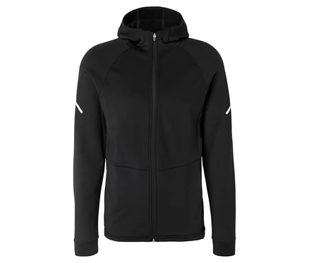 Čierna termojacke s kapucňou, zipsom a bielymi diagonálnymi pruhmi na ramenách.