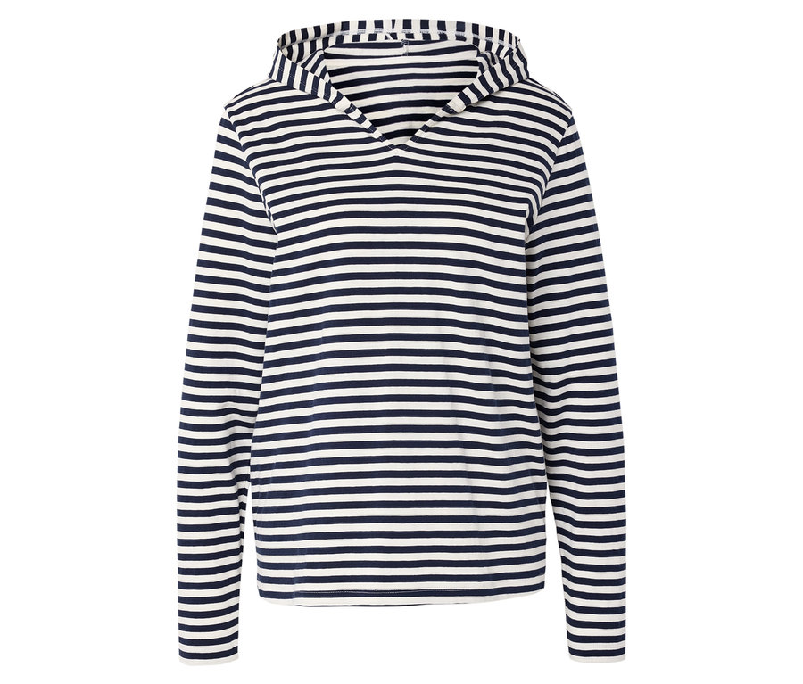 Jersey-Hoodie s tmavomodrými a bielymi pruhmi po celej ploche.