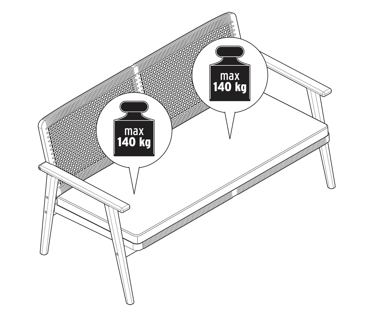 Obrázok záhradnej pohovky s maximálnym zaťažením 140 kg.