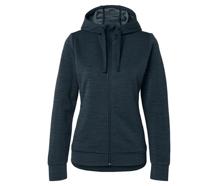 Tmavomodrá mikina s kapucňou na zips s horizontálnou rebrovanou štruktúrou.