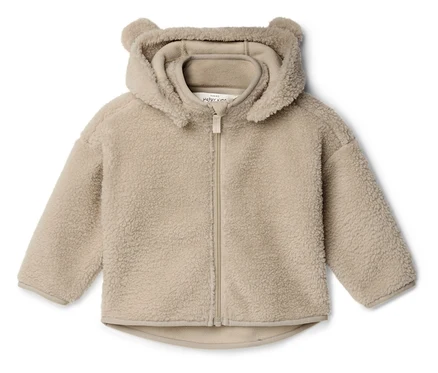Béžová bunda z teddy flísu s kapucňou a medvedími ušami.