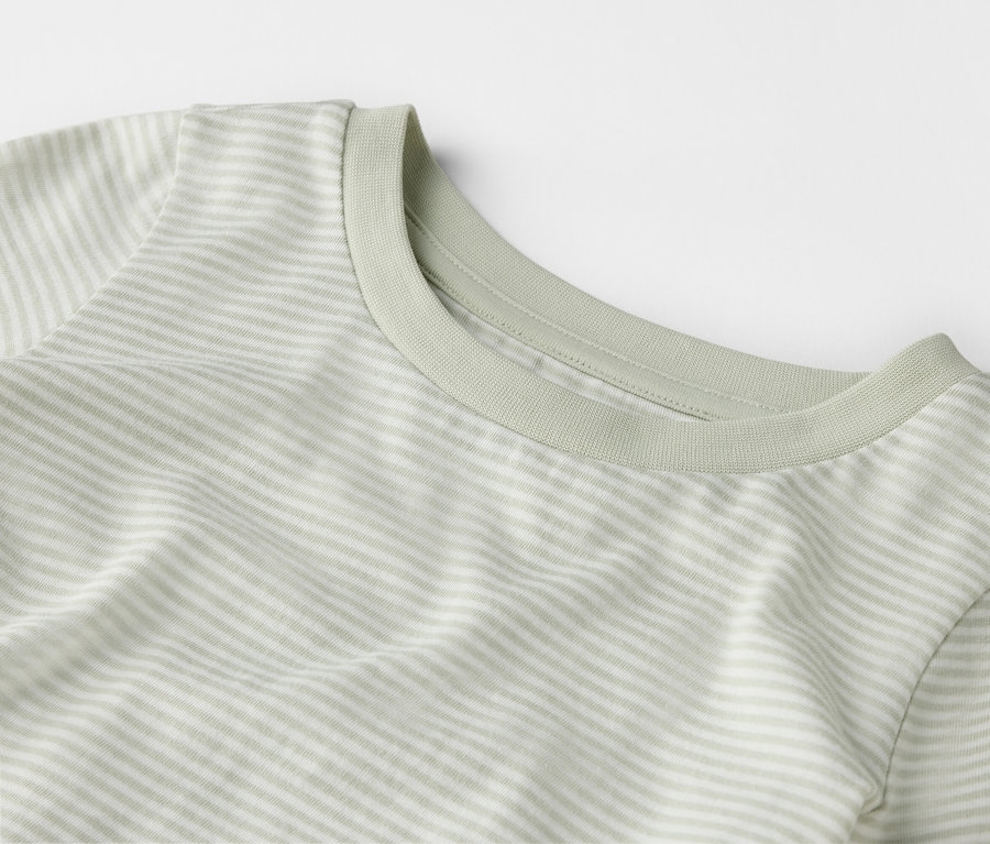 Detailný záber svetlozeleného pruhovaného trička s okrúhlym výstrihom na bielom pozadí.