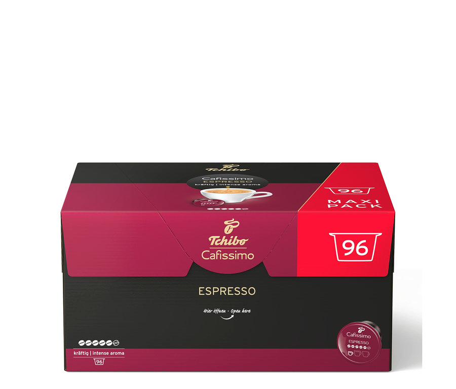 Červeno-čierne balenie Tchibo Cafissimo Espresso so 96 kapsulami, s obrázkom šálky espressa a indikátorom intenzity.
