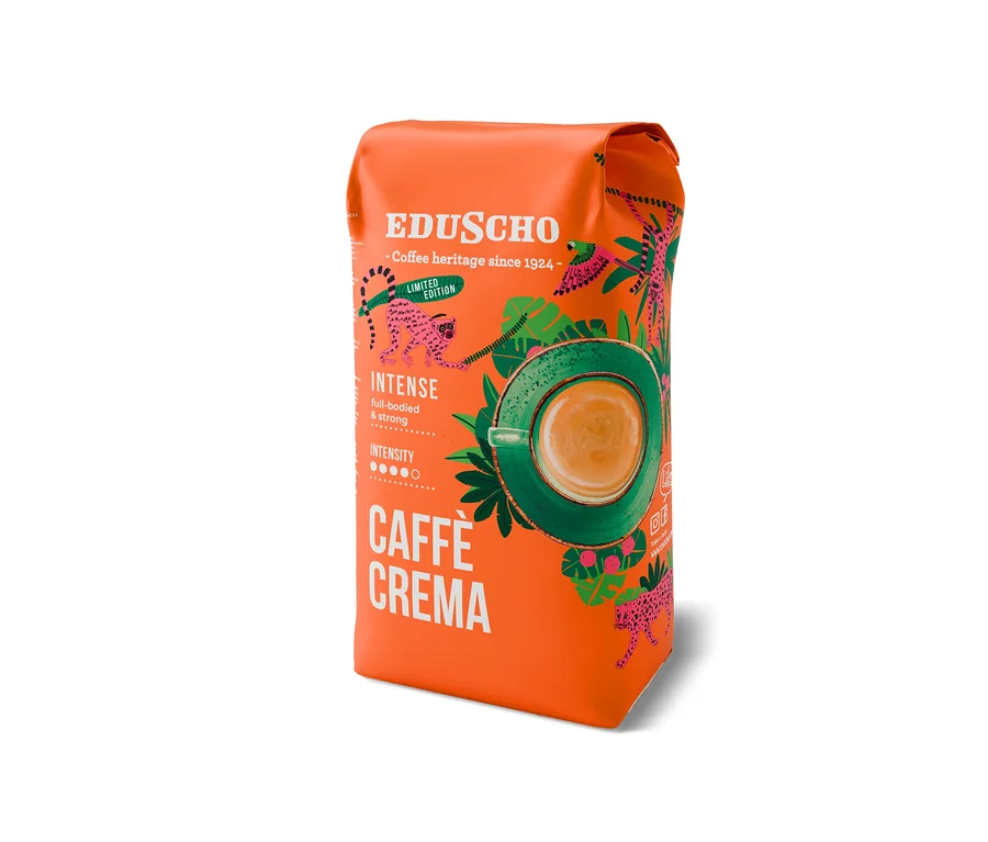 Oranžové balenie zrnkovej kávy Eduscho Caffè Crema Intense s obrázkom šelmy.