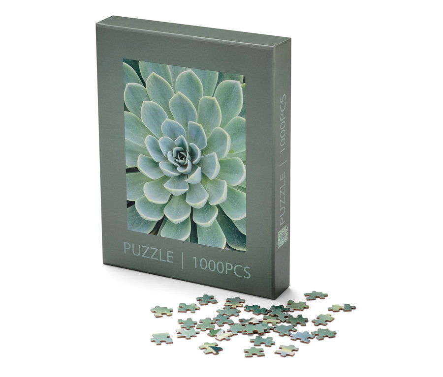 Balenie puzzle »Sukkulente« a niekoľko dielikov puzzle leží na bielom pozadí.