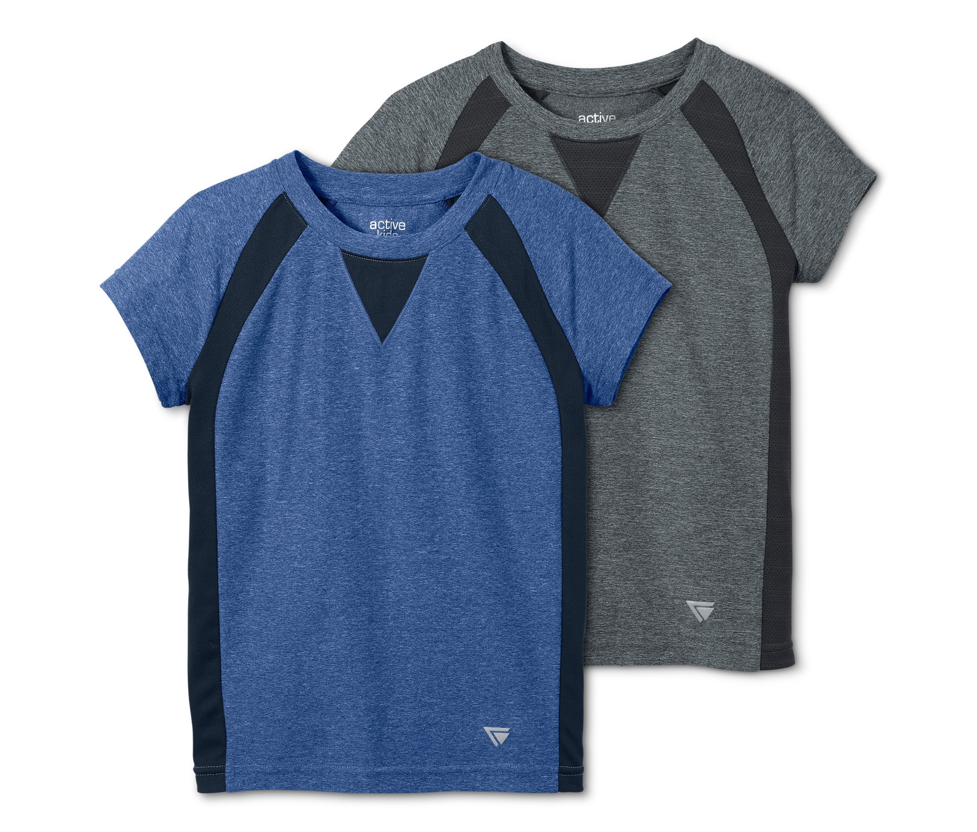 Dve funkčné tričká: modré a sivé.