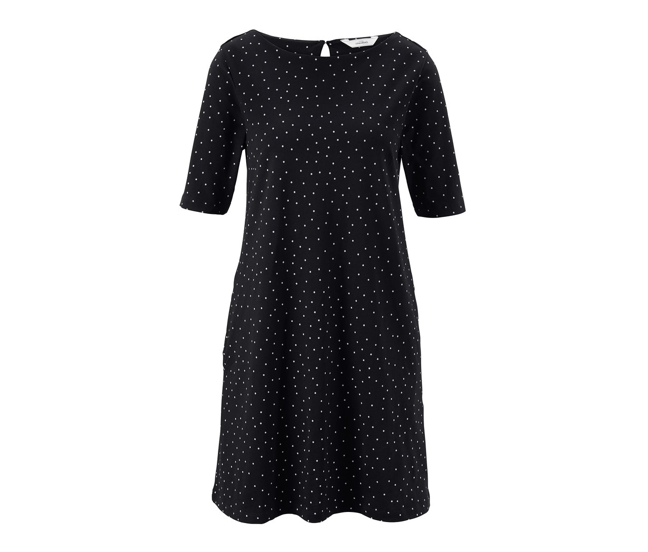 Čierne džersejové šaty s bodkovaným vzorom.