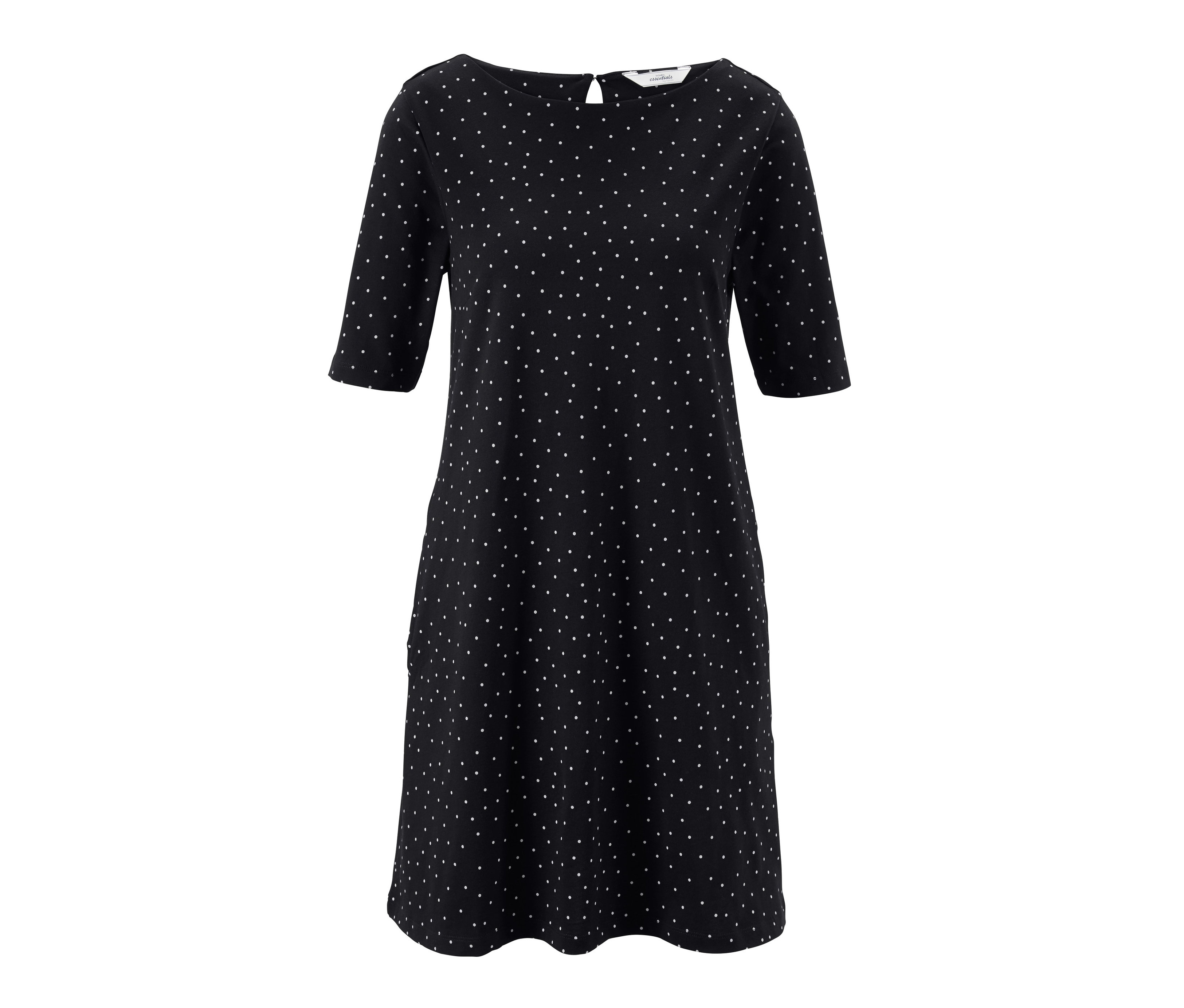 Čierne džersejové šaty s bodkovaným vzorom.