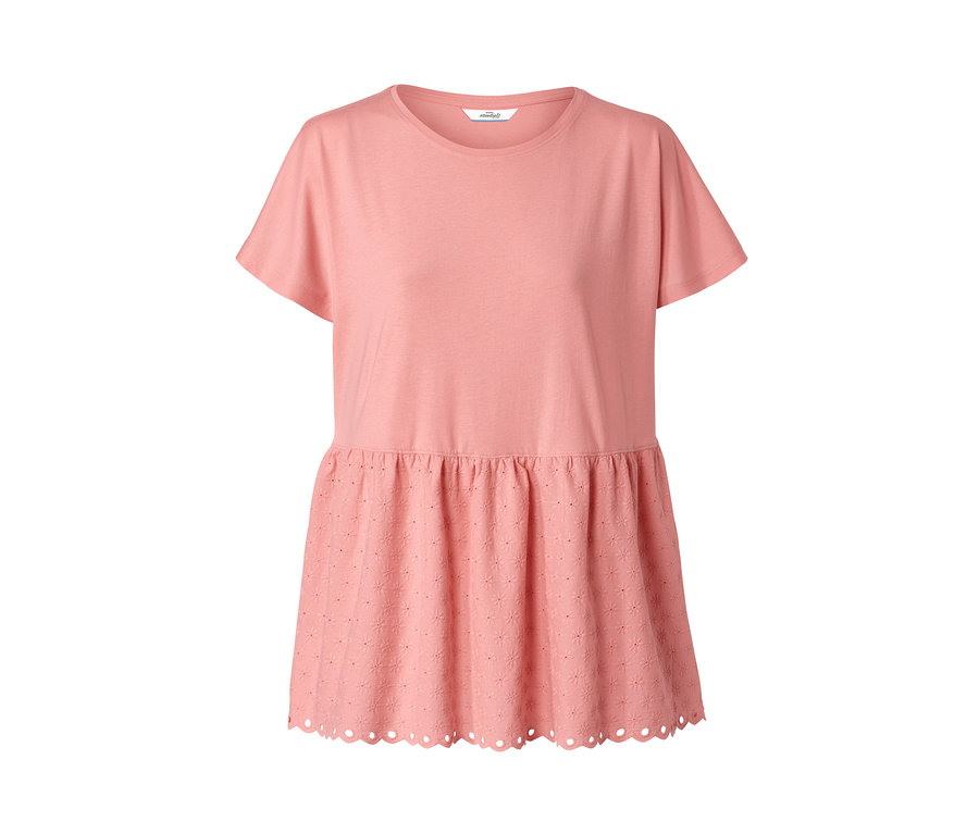 Koralové tričko zo zmesi materiálov s výšivkou.