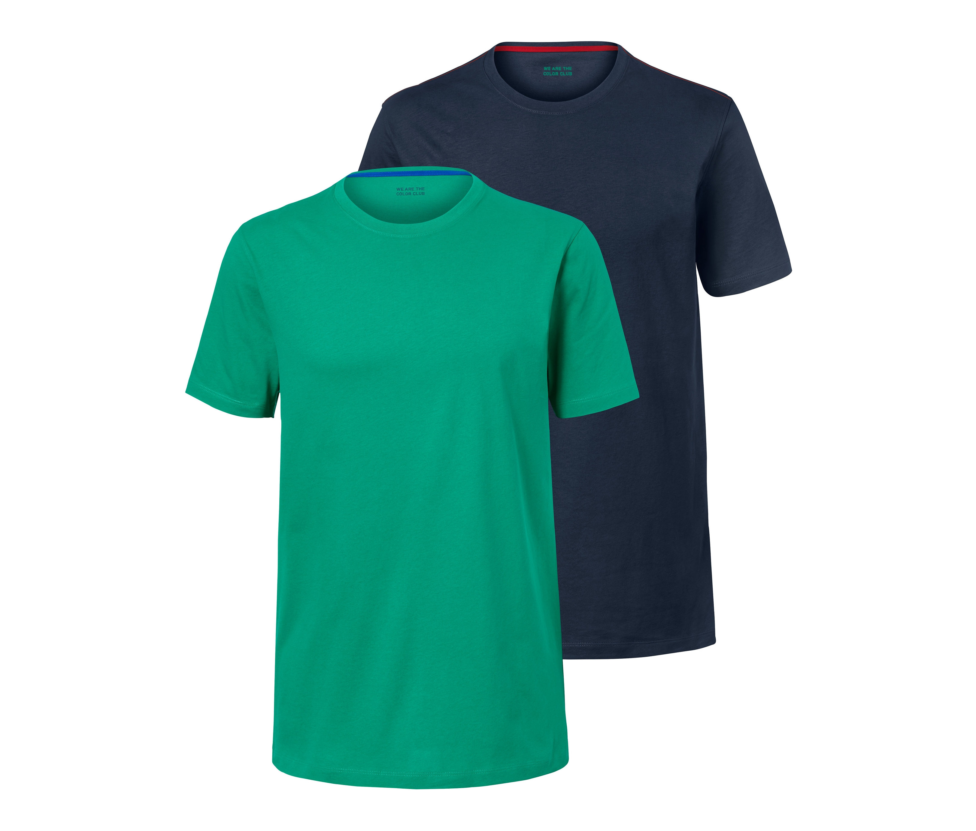 Dve tričká s okrúhlym výstrihom: zelené a tmavomodré.